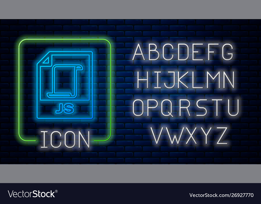 Glowing neon js file document download button vector image Glowing neon js file document download button