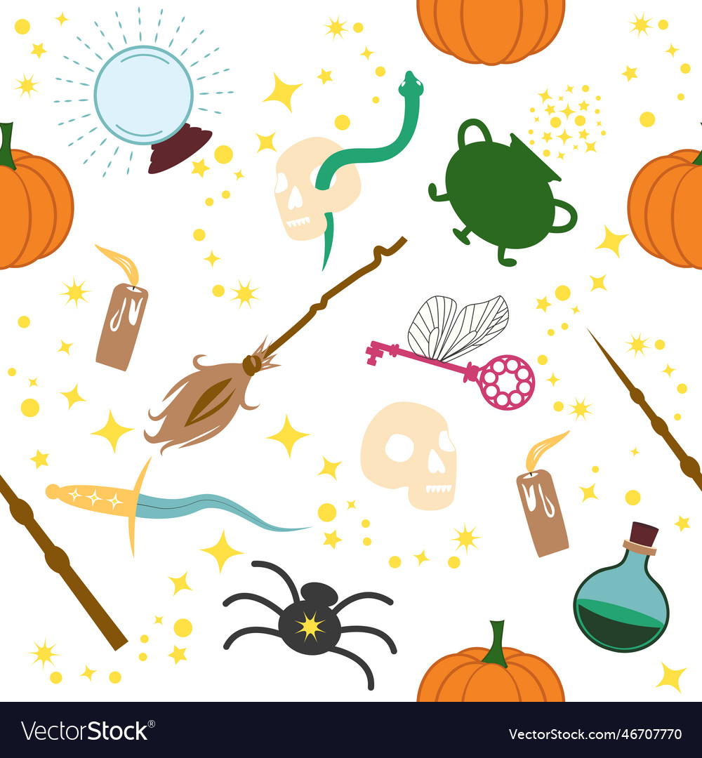 Magic items seamless pattern in flat style school