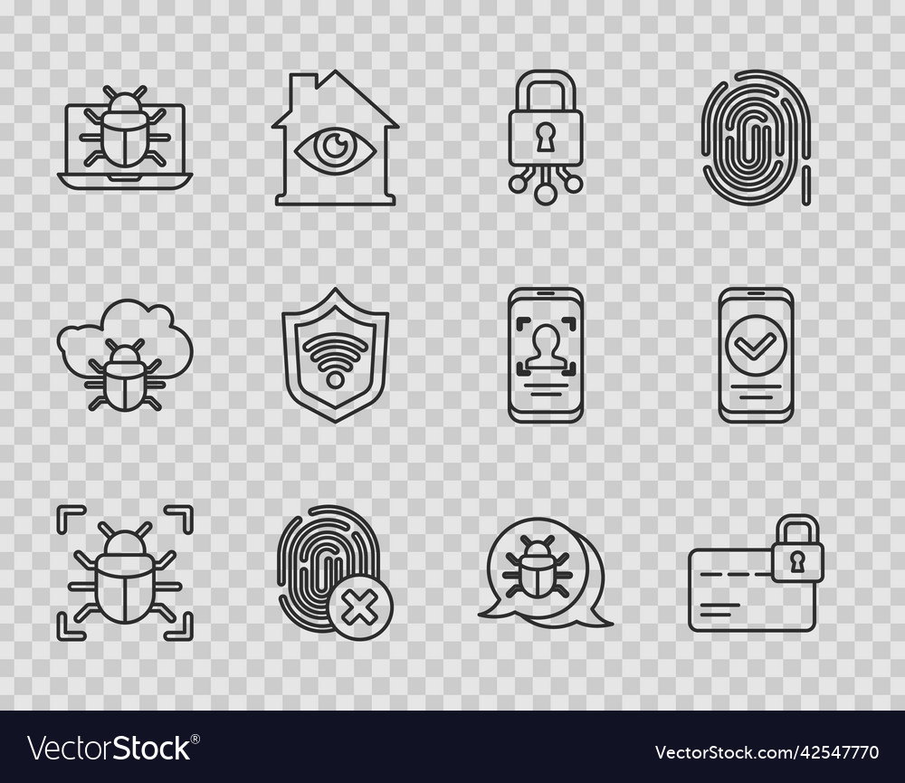 Set line system bug credit card with lock cyber vector image Set line system bug credit card with lock cyber