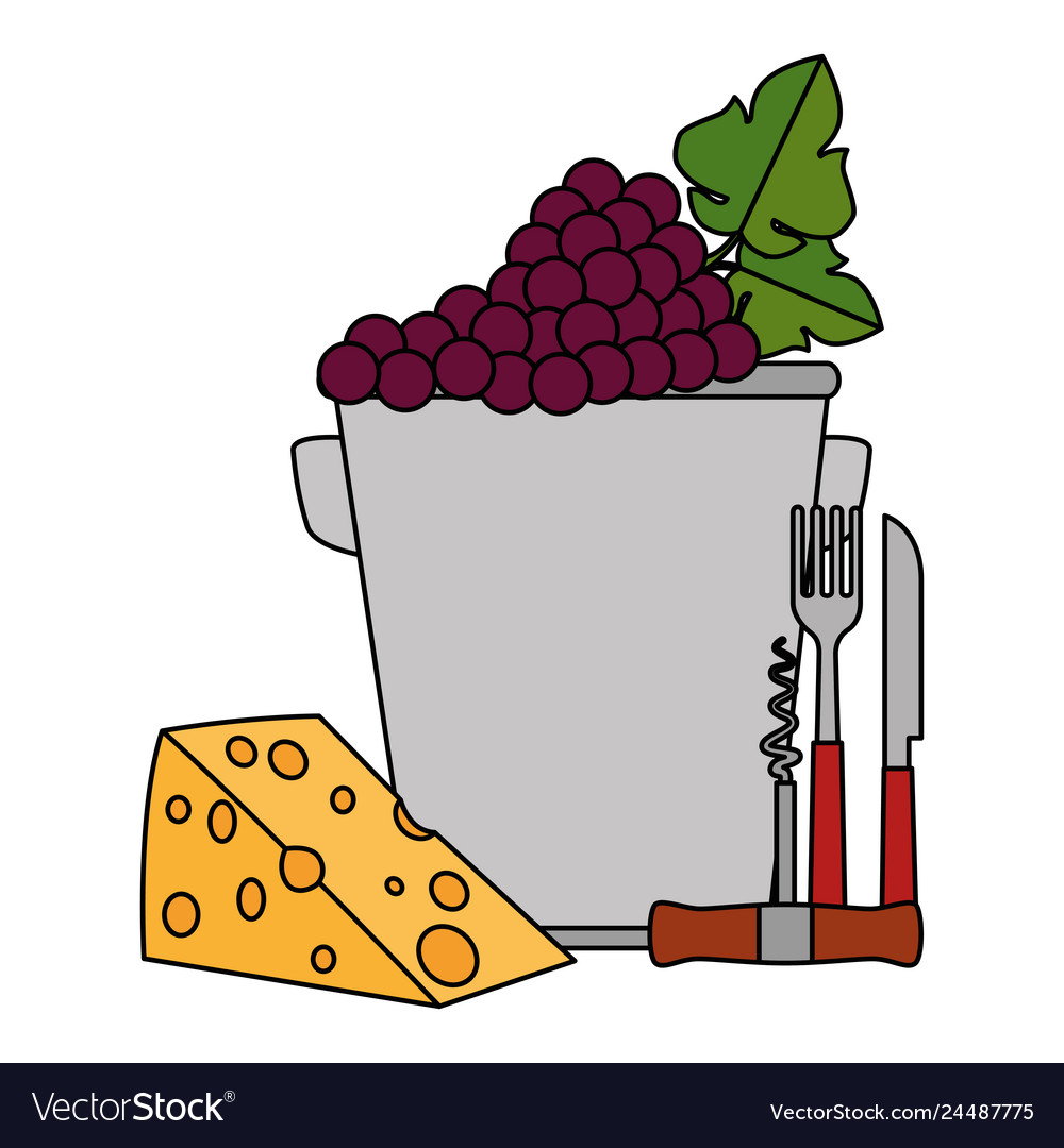 Bucket with grapes cluster and cheese Vector Image Bucket with grapes cluster and cheese