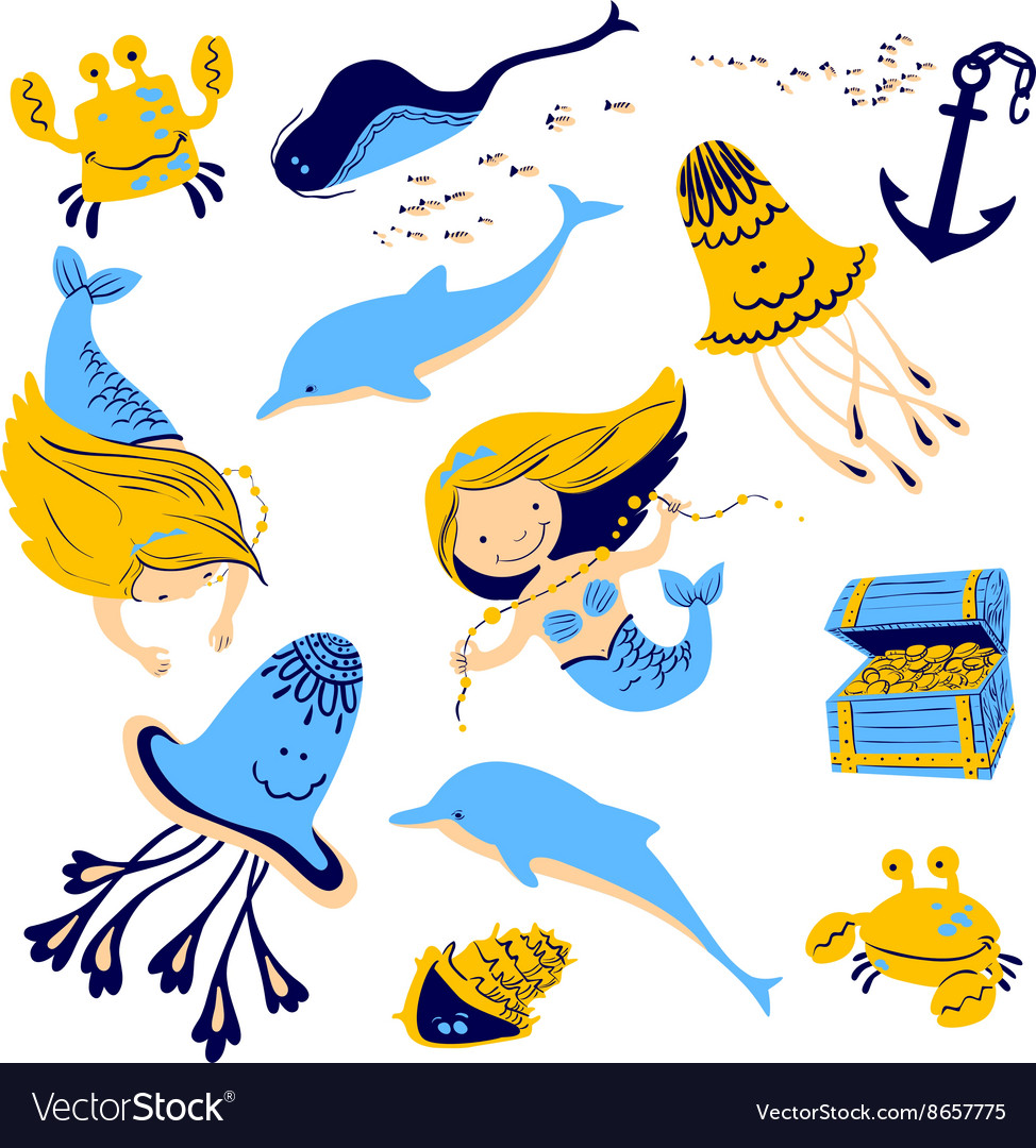 Cartoon Mermaid and Marine Creatures