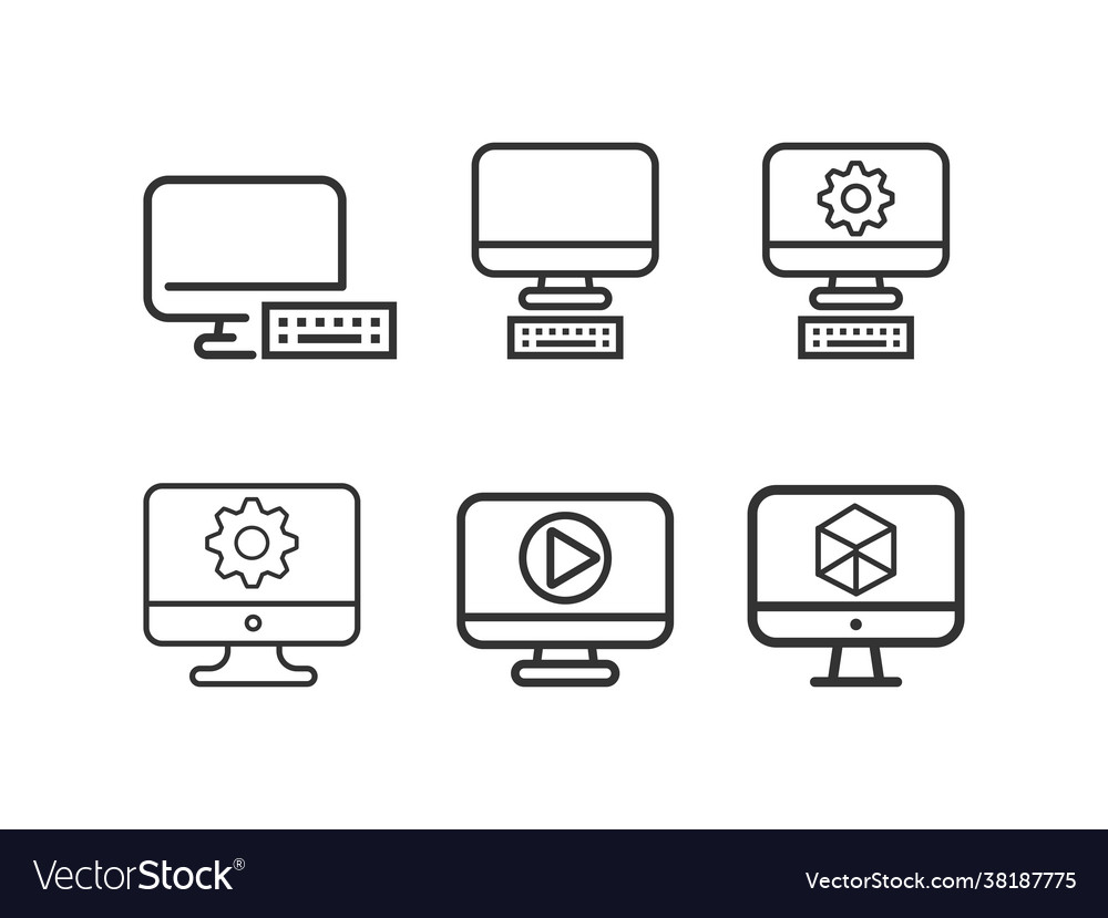 Computer monitor screen line icon set
