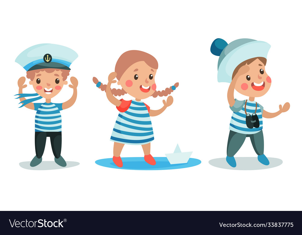 Kleine Mädchen und Jungen tragen gestreifte Weste spielen vector image Kleine Mädchen und Jungen tragen gestreifte Weste spielen
