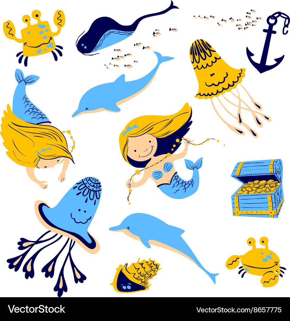 Marine set with cartoon mermaid Royalty Free Vector Image