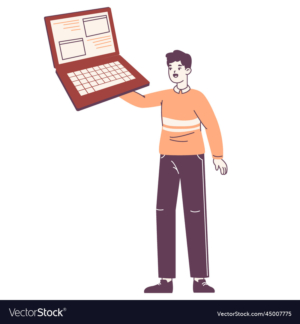 Programmer it engineer holding huge laptop vector image Programmer it engineer holding huge laptop