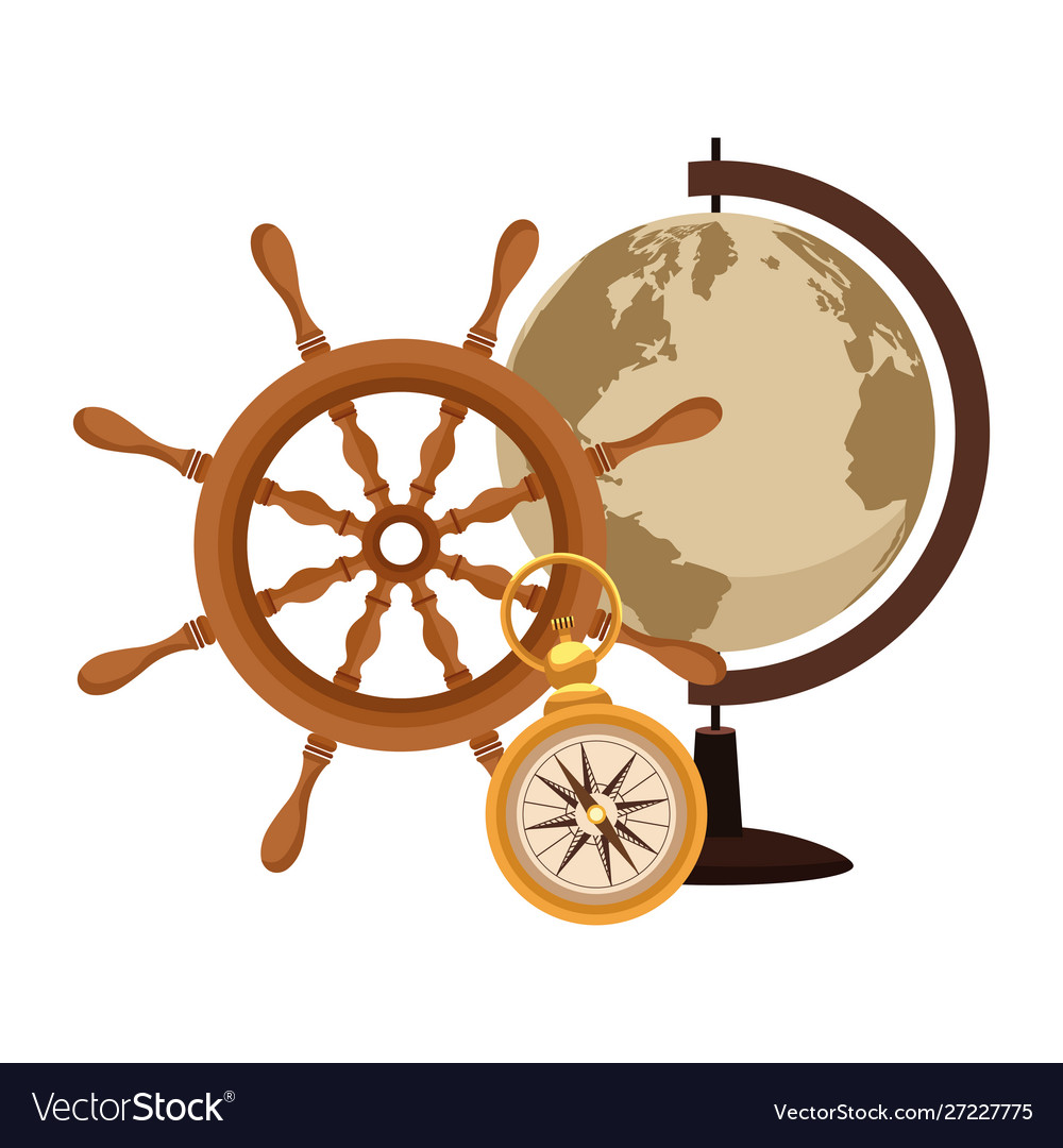 Retro world map and compass with helm navigation vector image Retro world map and compass with helm navigation