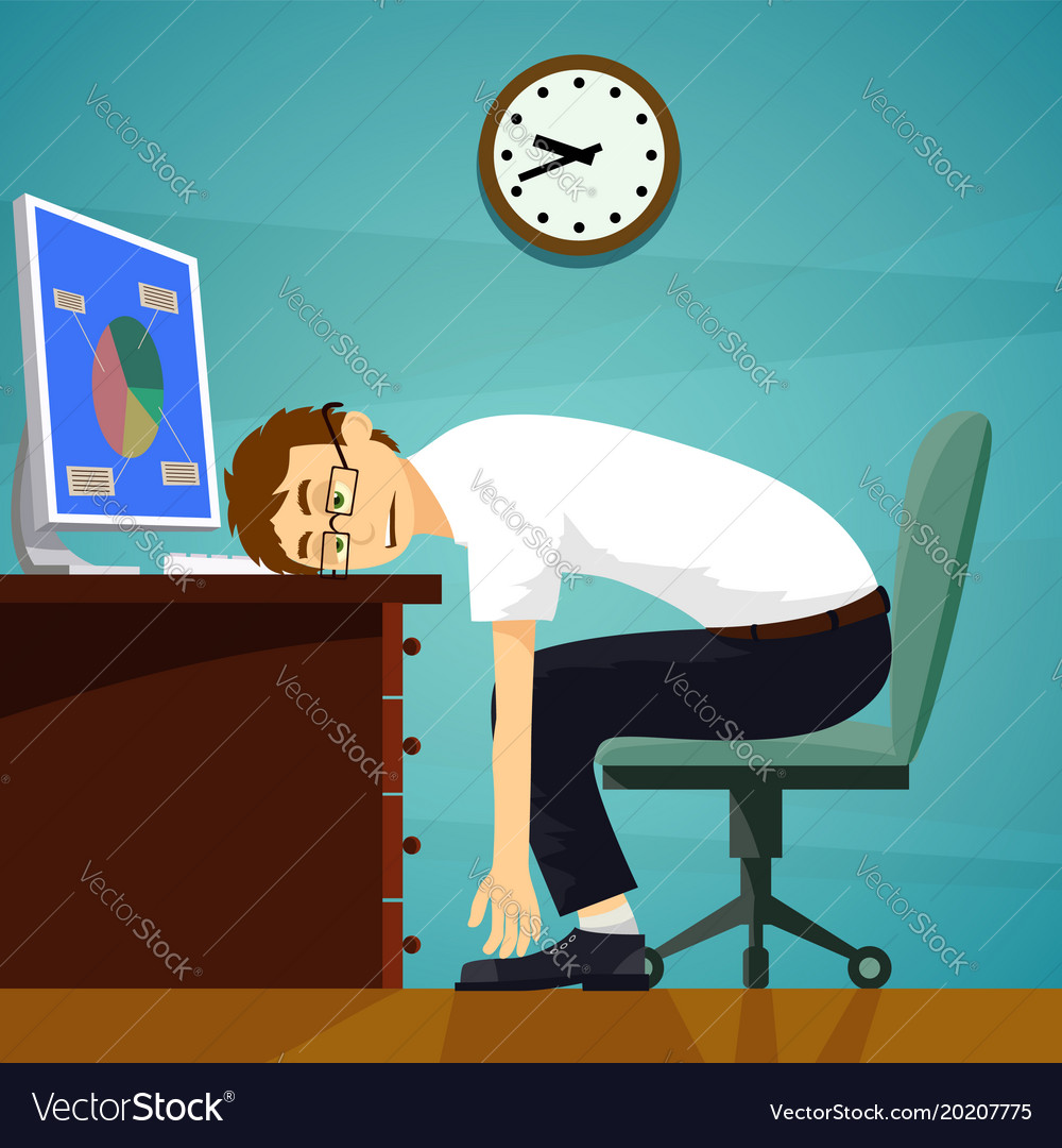 Tired worker sitting at desk with computer stock Vector Image