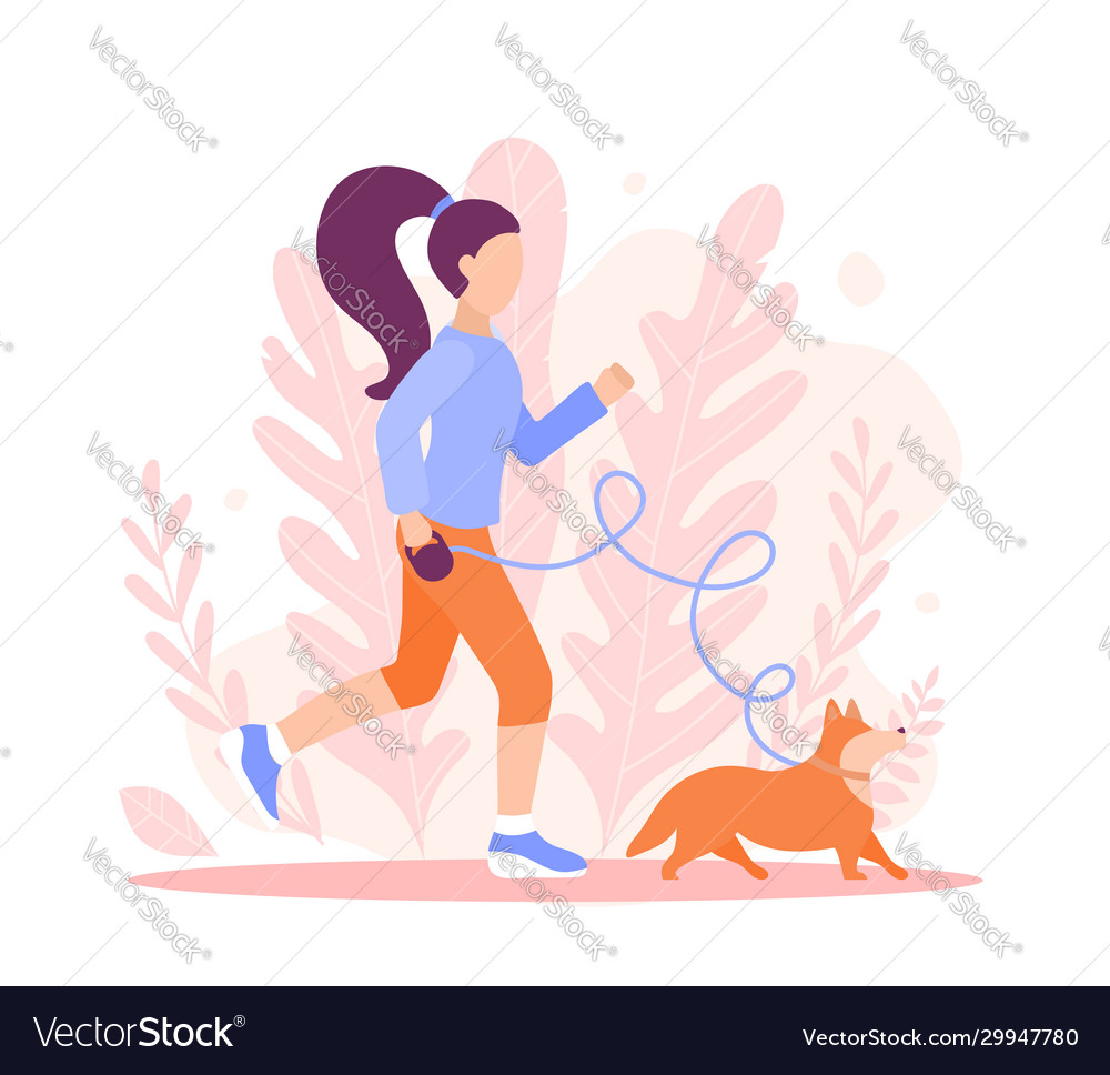 A sporty girl jogging with a dog in flat sty