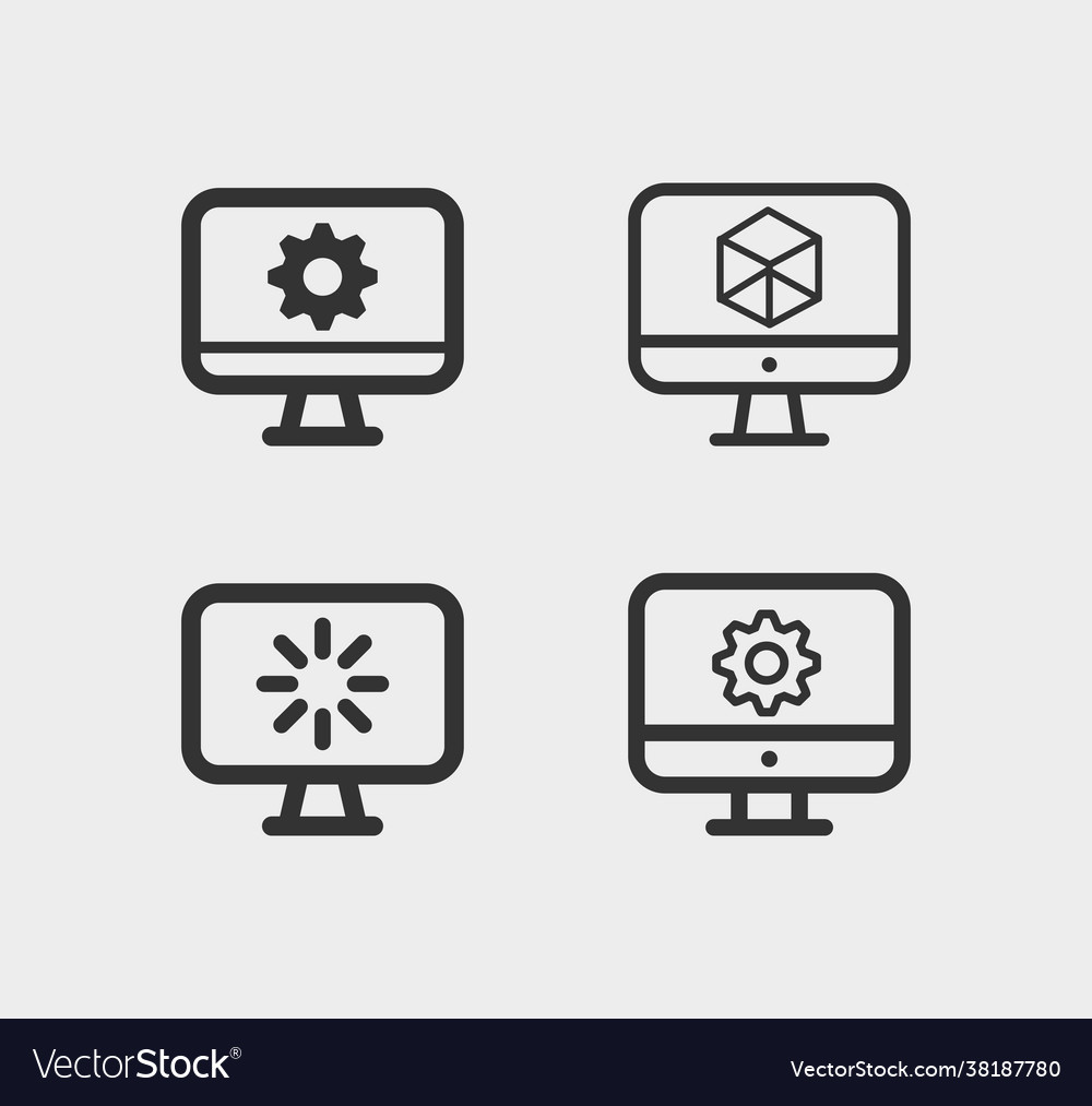 Computer monitor screen line icon set