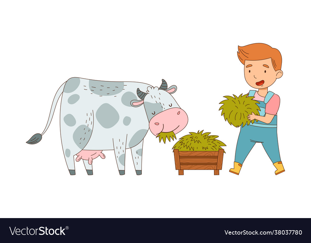 Little boy in overall feeding cow with grass Vector Image