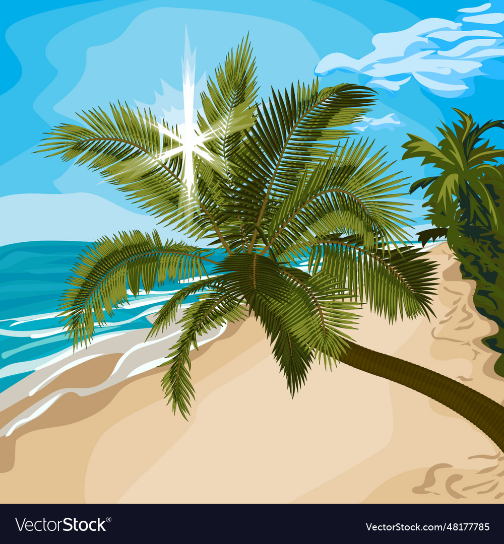 Bent palm tree with sunbeams through foliage Vector Image