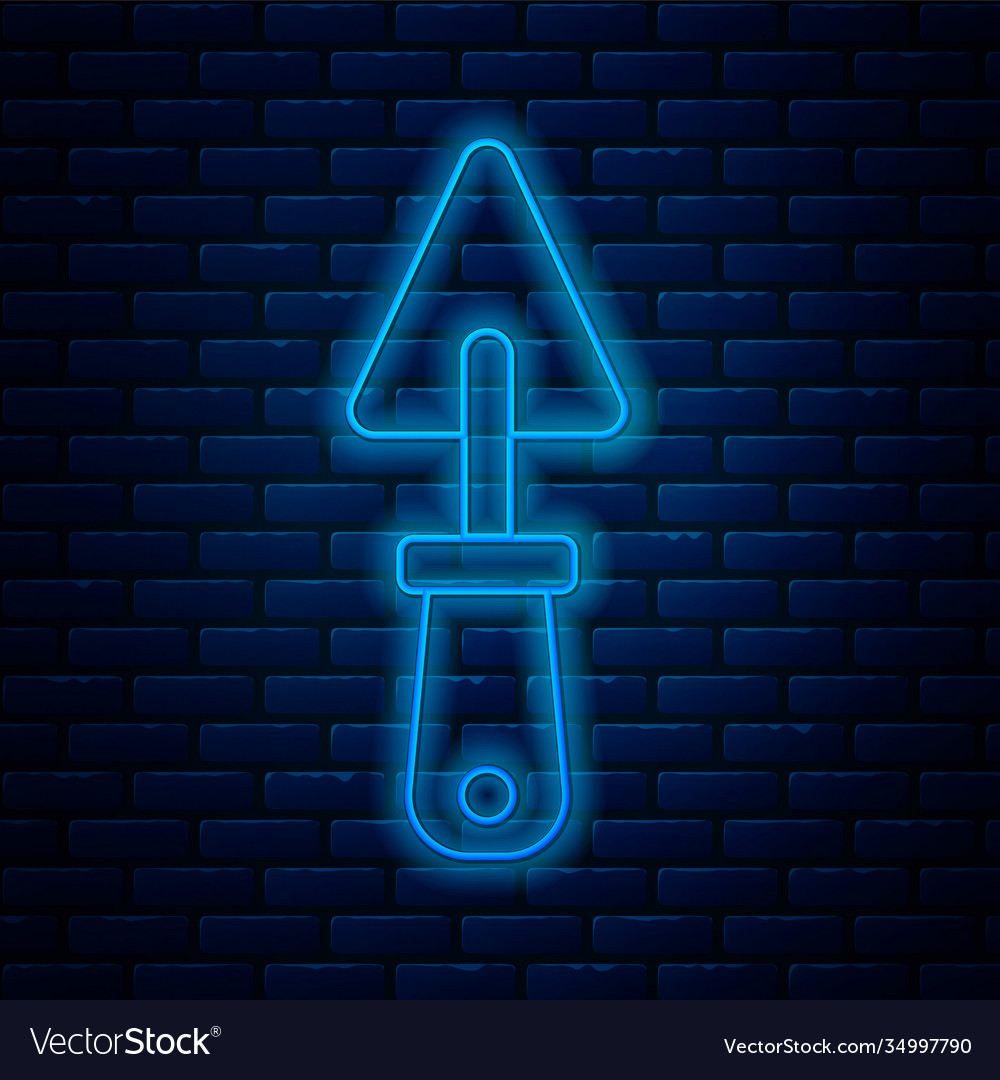 Glowing neon line trowel icon isolated on brick