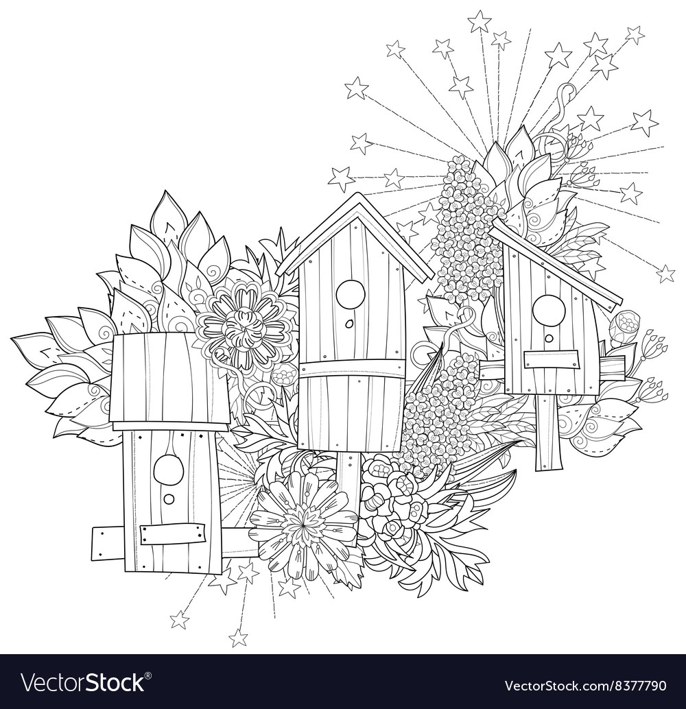 Hand drawn doodle outline spring nesting box