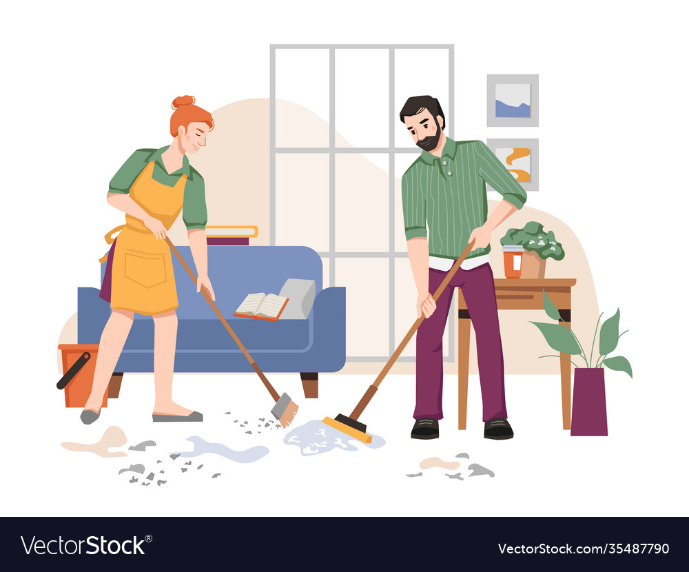 Housework couple sweeping cleaning floor in room Vector Image