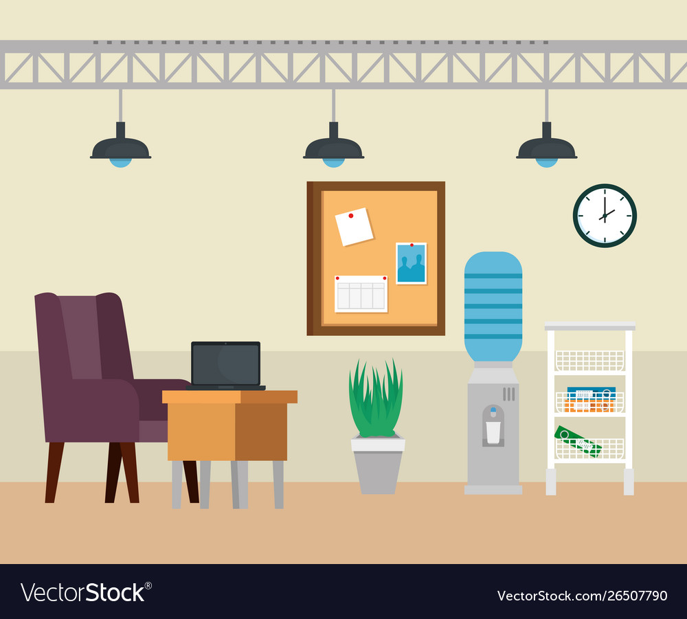 Laptop in desk with chair and noteboard Royalty Free Vector