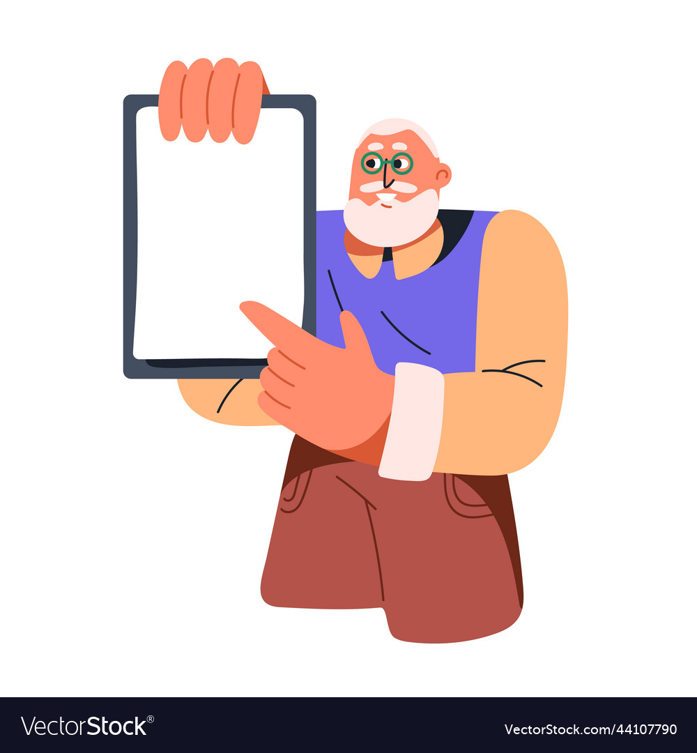 Senior man showing pointing at blank empty paper Vector Image Senior man showing pointing at blank empty paper