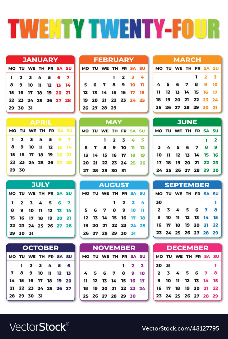 2024 monday start portrait color calendar Vector Image