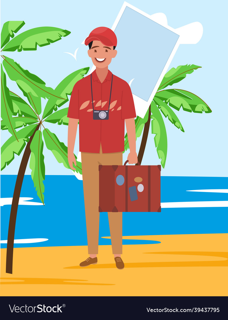 A man on trip to tropical island with palm Vector Image