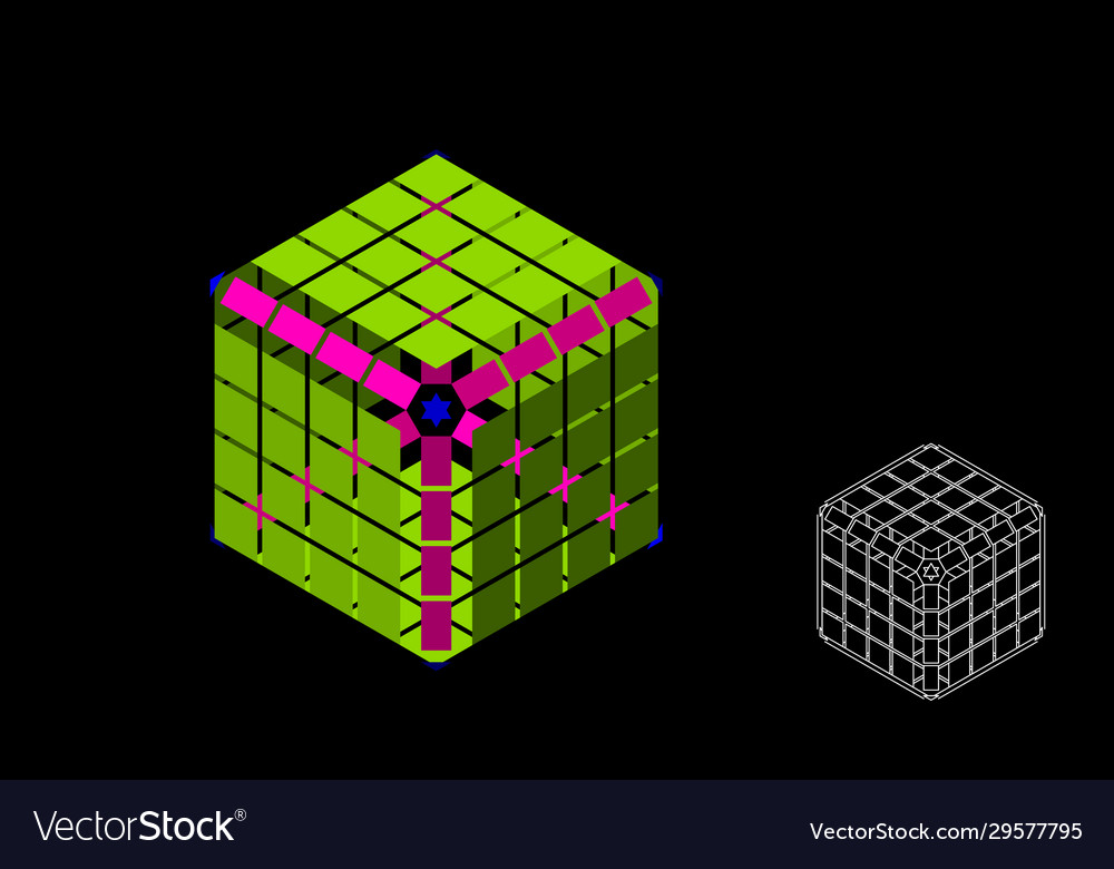 Abstract polygonal cube with cuts 3d isometric
