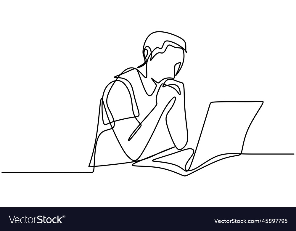 One line drawing of man working with laptop