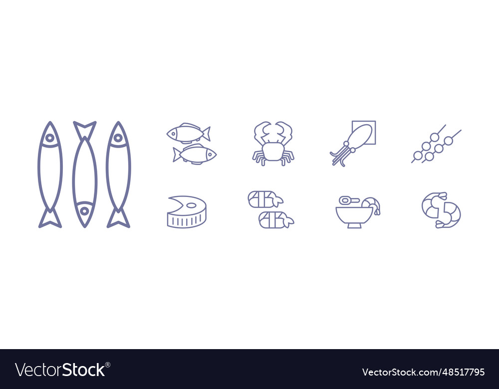 Seafood and marine product line icon set vector image Seafood and marine product line icon set