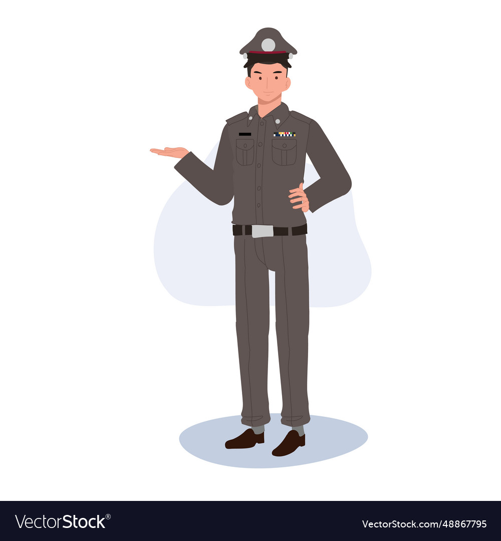 Smiling thai police officer gesturing welcoming Vector Image