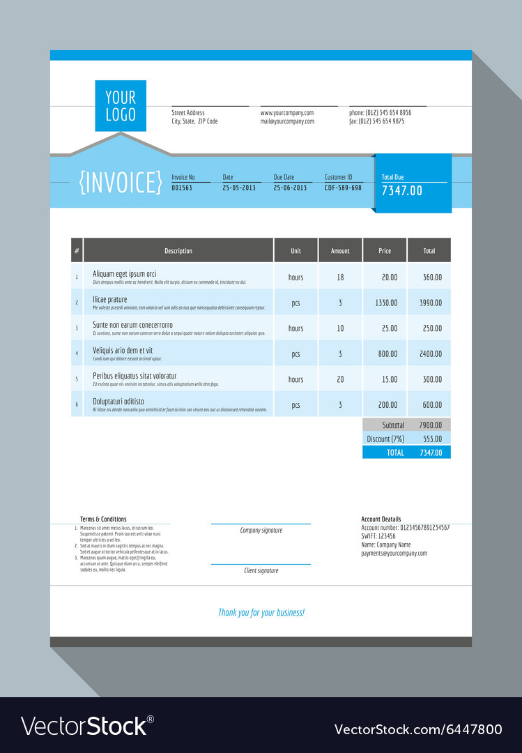 Customizable invoice form template design blue Vector Image