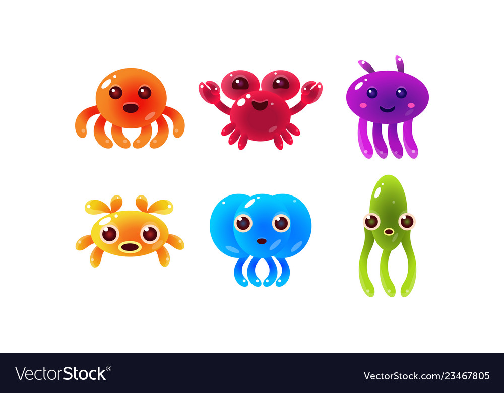 Collection of colorful glossy sea creatures cute