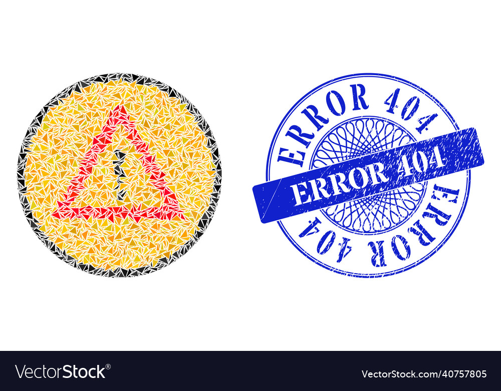 Grunge error 404 badge and triangle warning sign