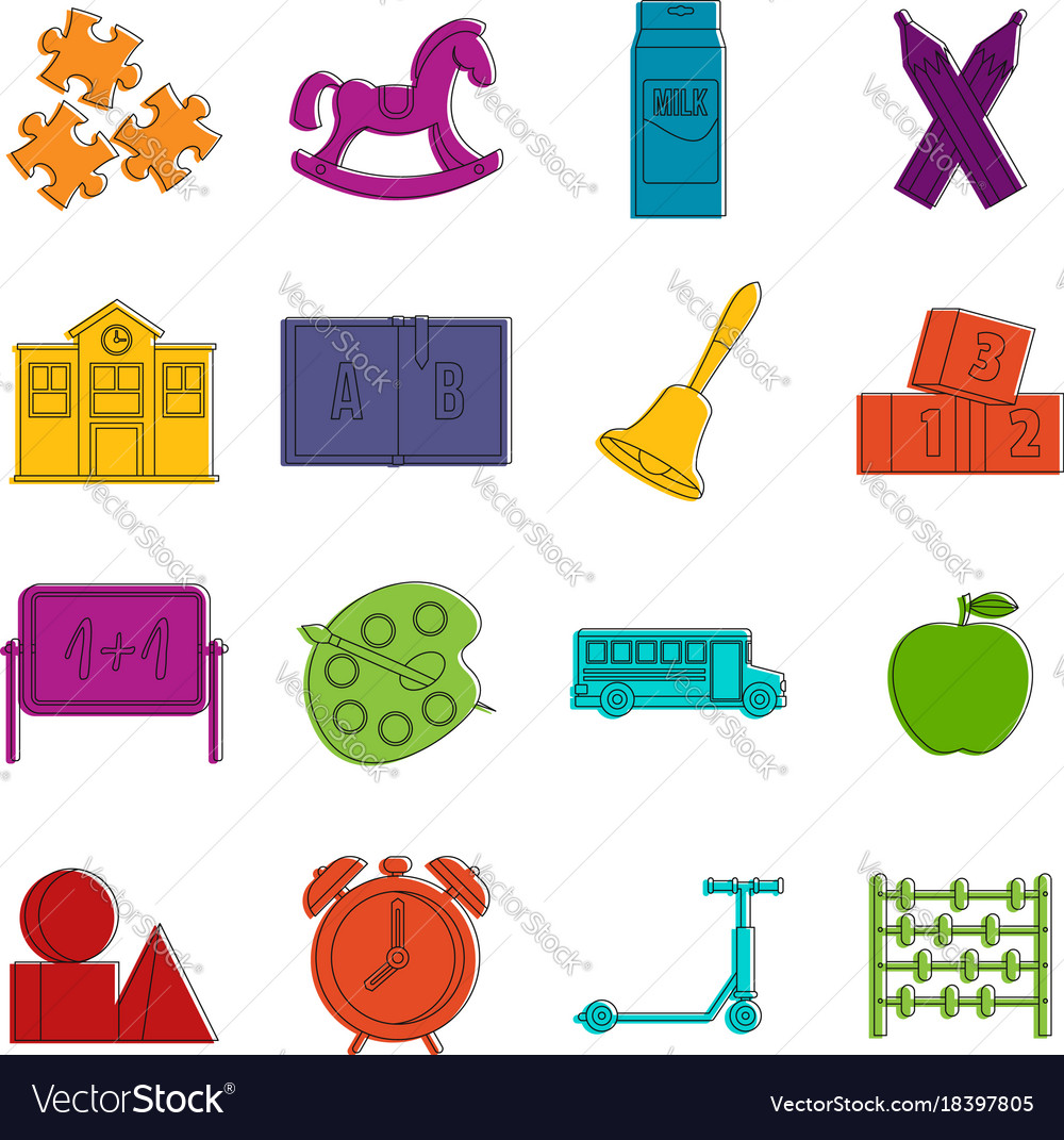 Kindergarten symbol icons doodle set Royalty Free Vector