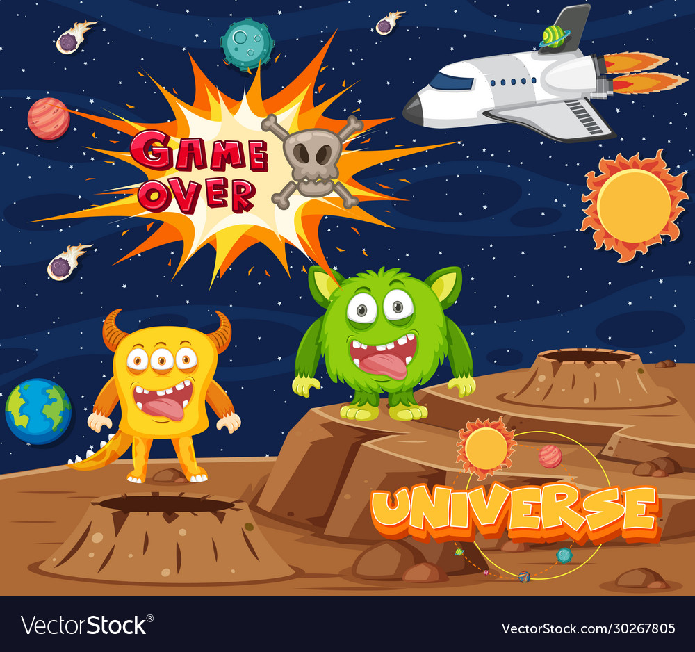 Screen template for space game with word over vector image Screen template for space game with word over