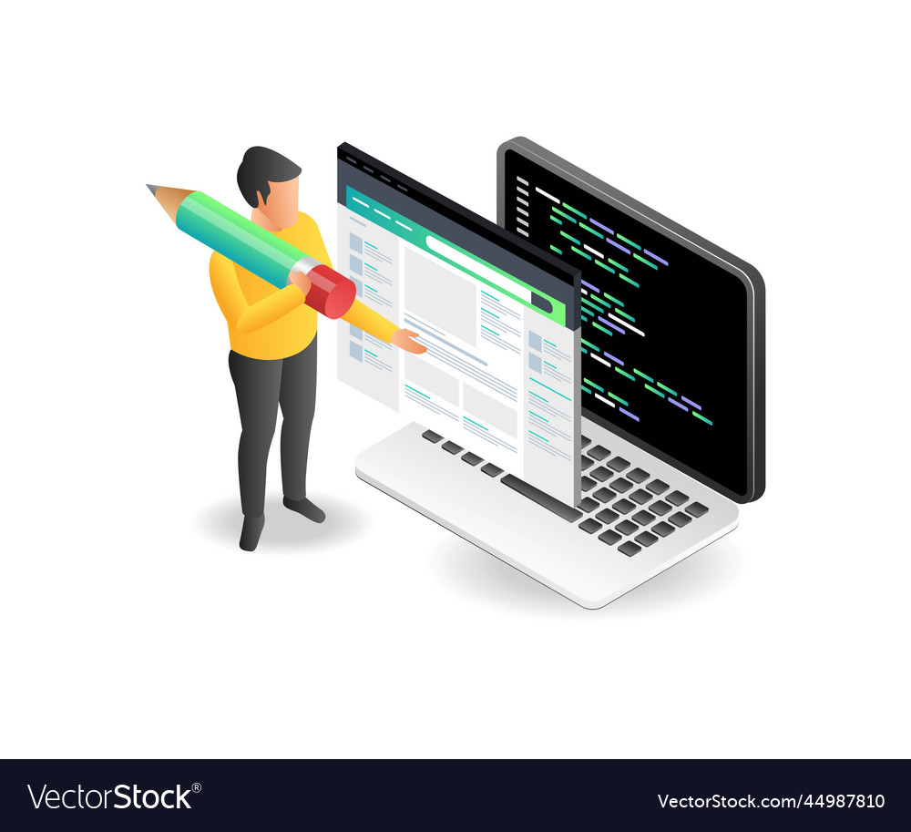 Flat isometric concept of man creating webblog