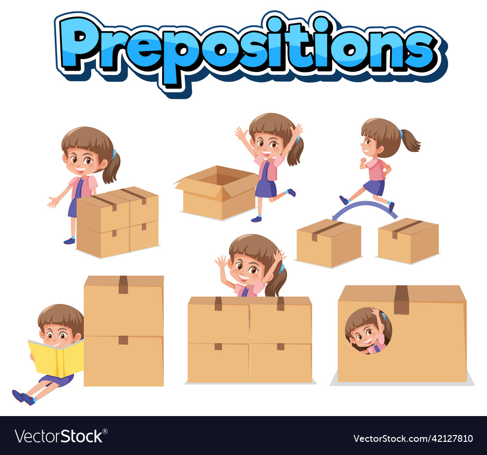 Prepostion wordcard design with girl and box Vector Image