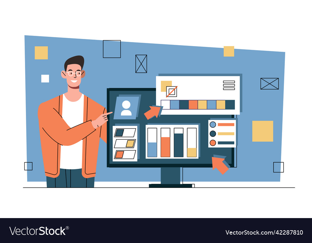 Ux ui designer work at website interface concept vector image Ux ui designer work at website interface concept