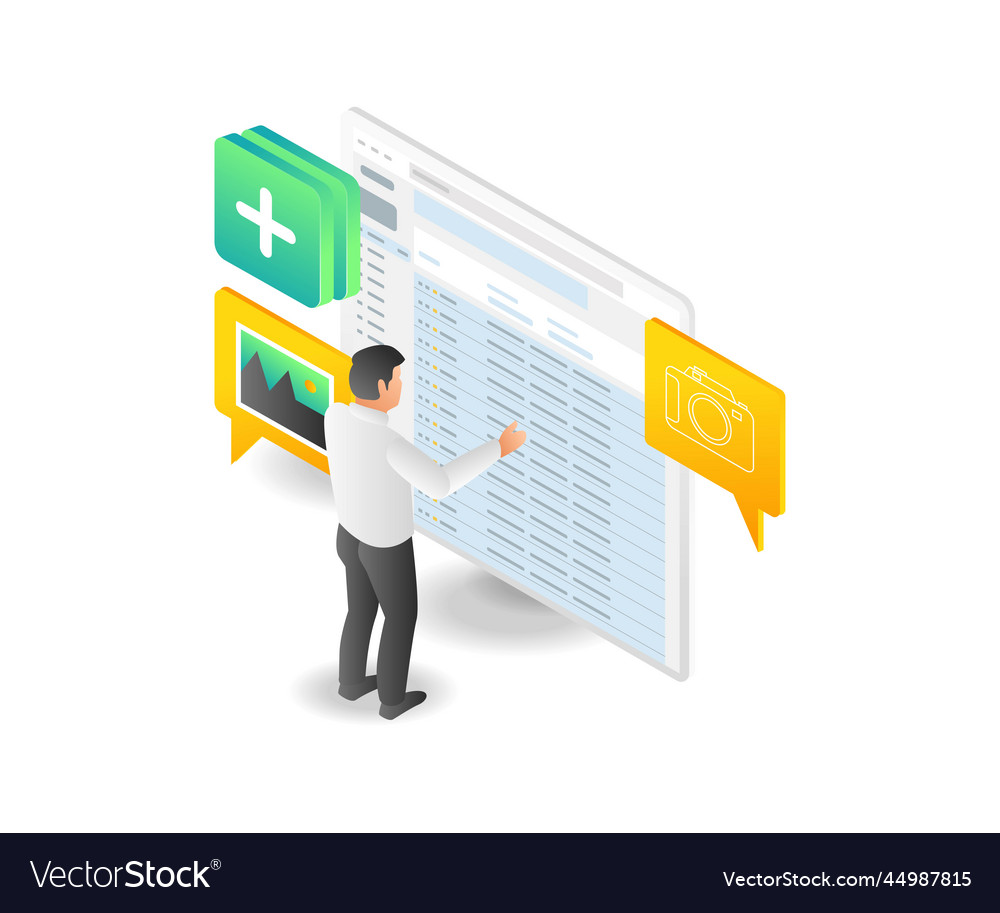 Flat isometric concept of man setting email data vector image Flat isometric concept of man setting email data
