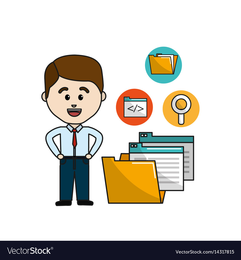 Man with digital folder file and documets icons