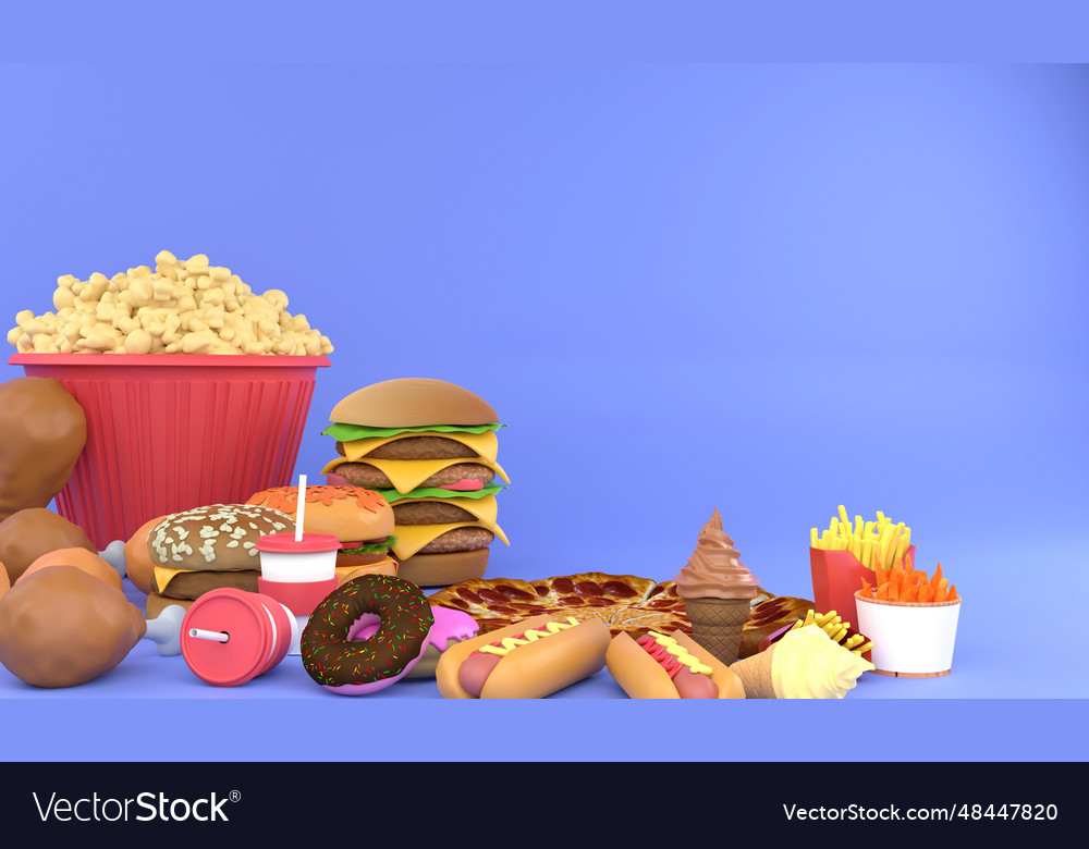 3d rendering closeup group of junk food fast