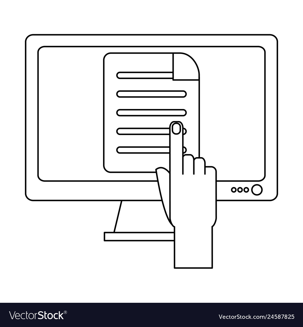 Hand pointing computer screen in black and white vector image Hand pointing computer screen in black and white