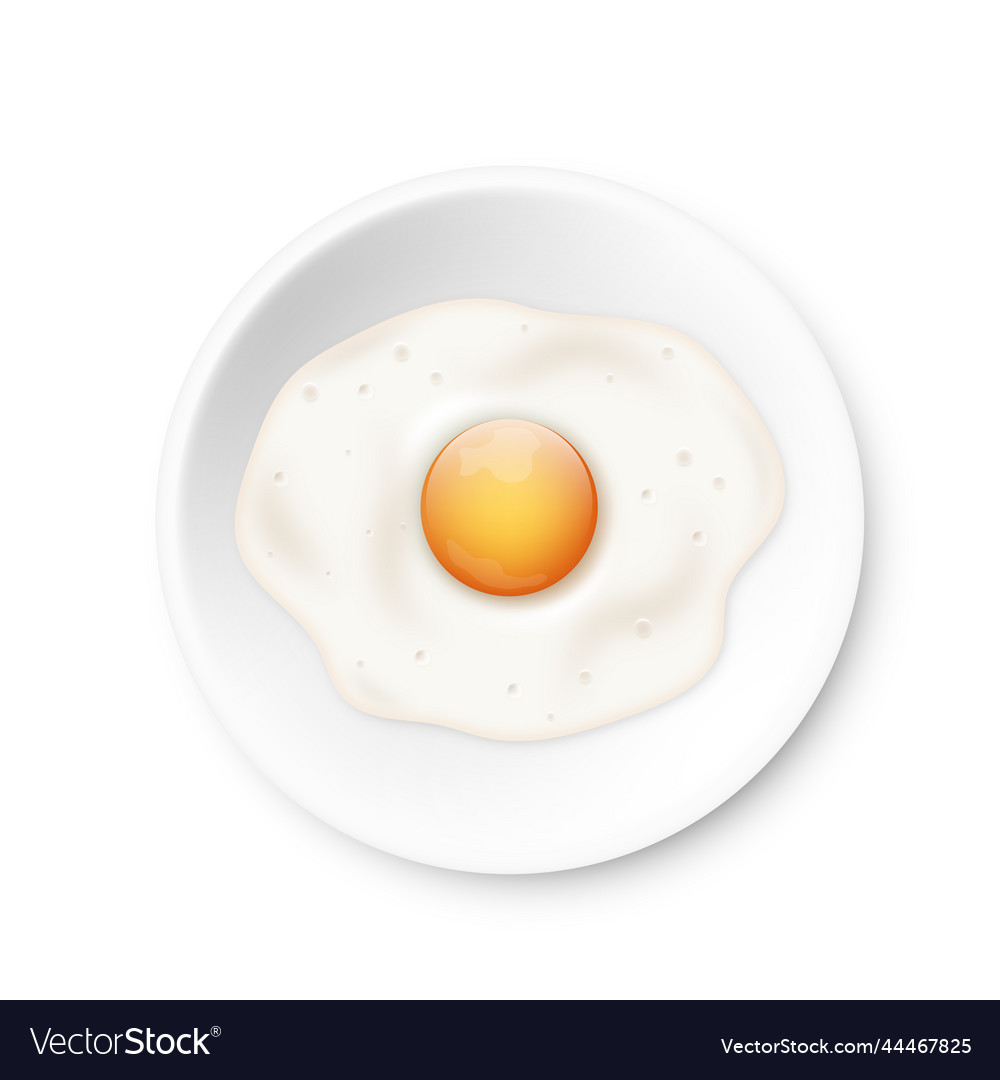 Realistic fried egg on white plate with bright