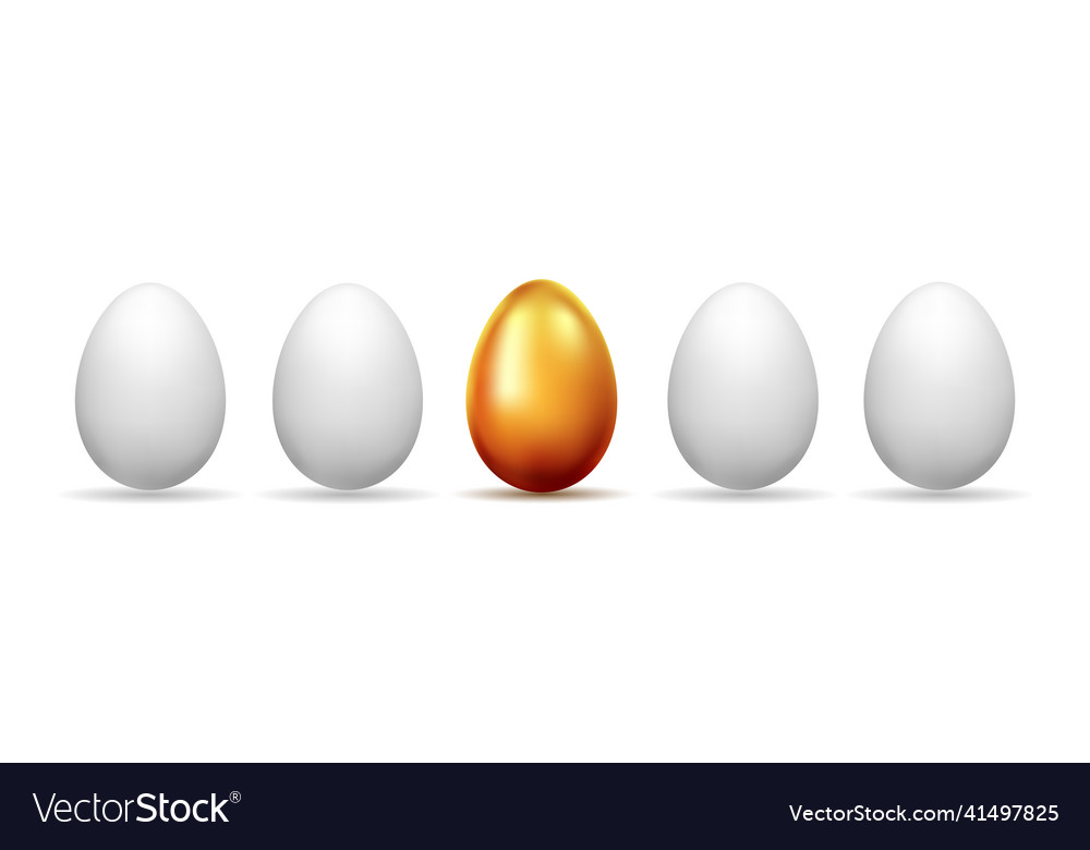 Unique golden egg in row of ordinary white eggs Vector Image