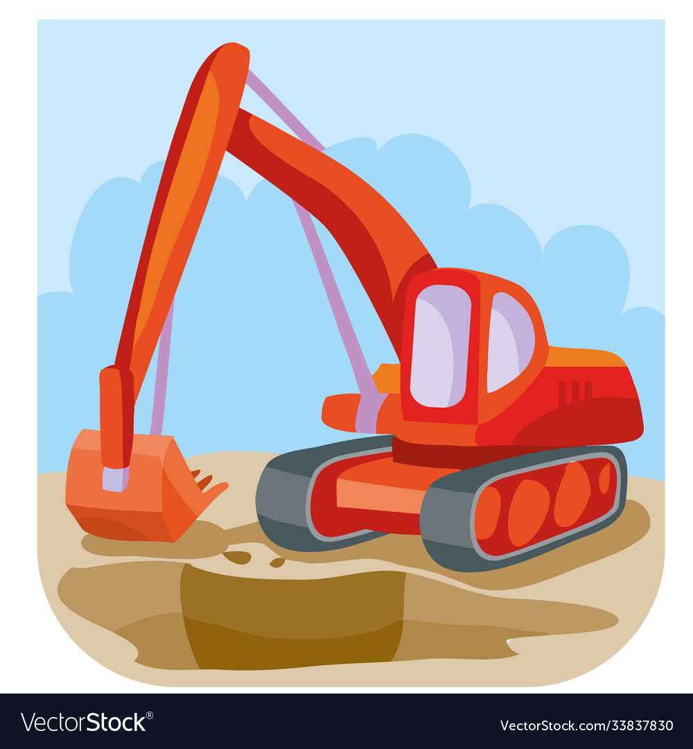 Cartoon red excavator at construction site