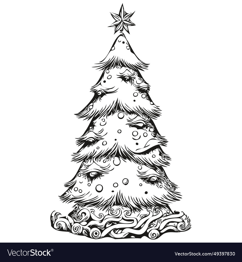 Christmas tree in ink drawing hand drawn Vector Image