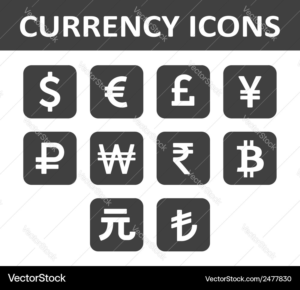 Currency icons set white over black Royalty Free Vector
