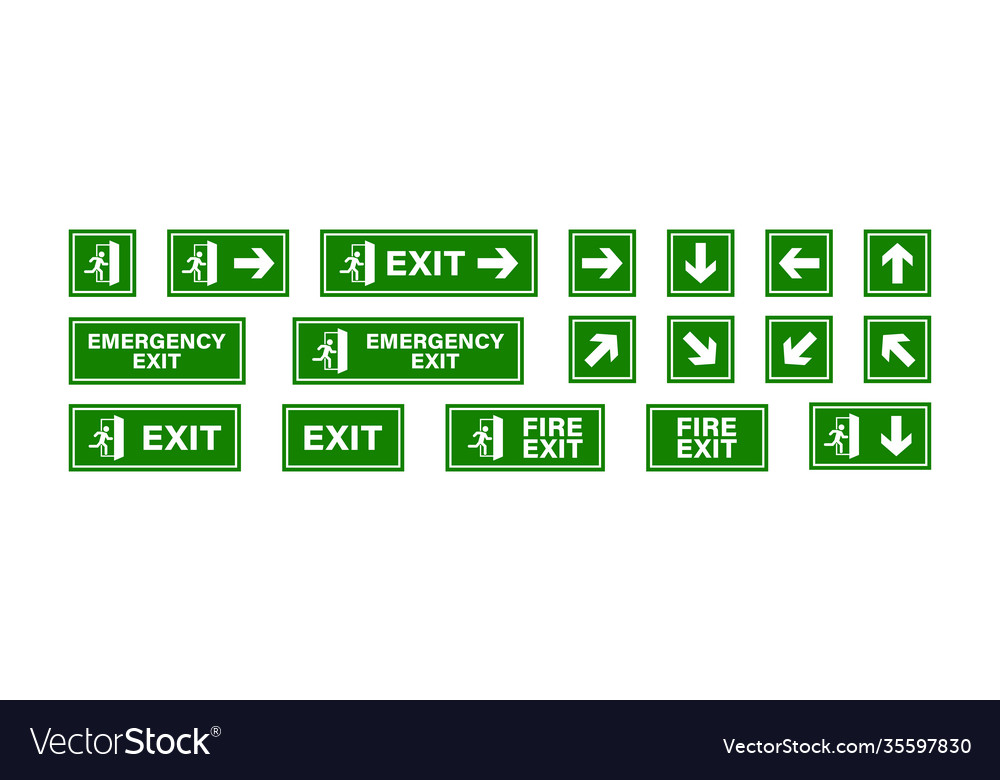 Exit sign set emergency and fireexit icons man