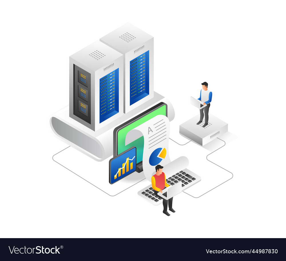 Flat isometric concept of team analyzing server vector image Flat isometric concept of team analyzing server