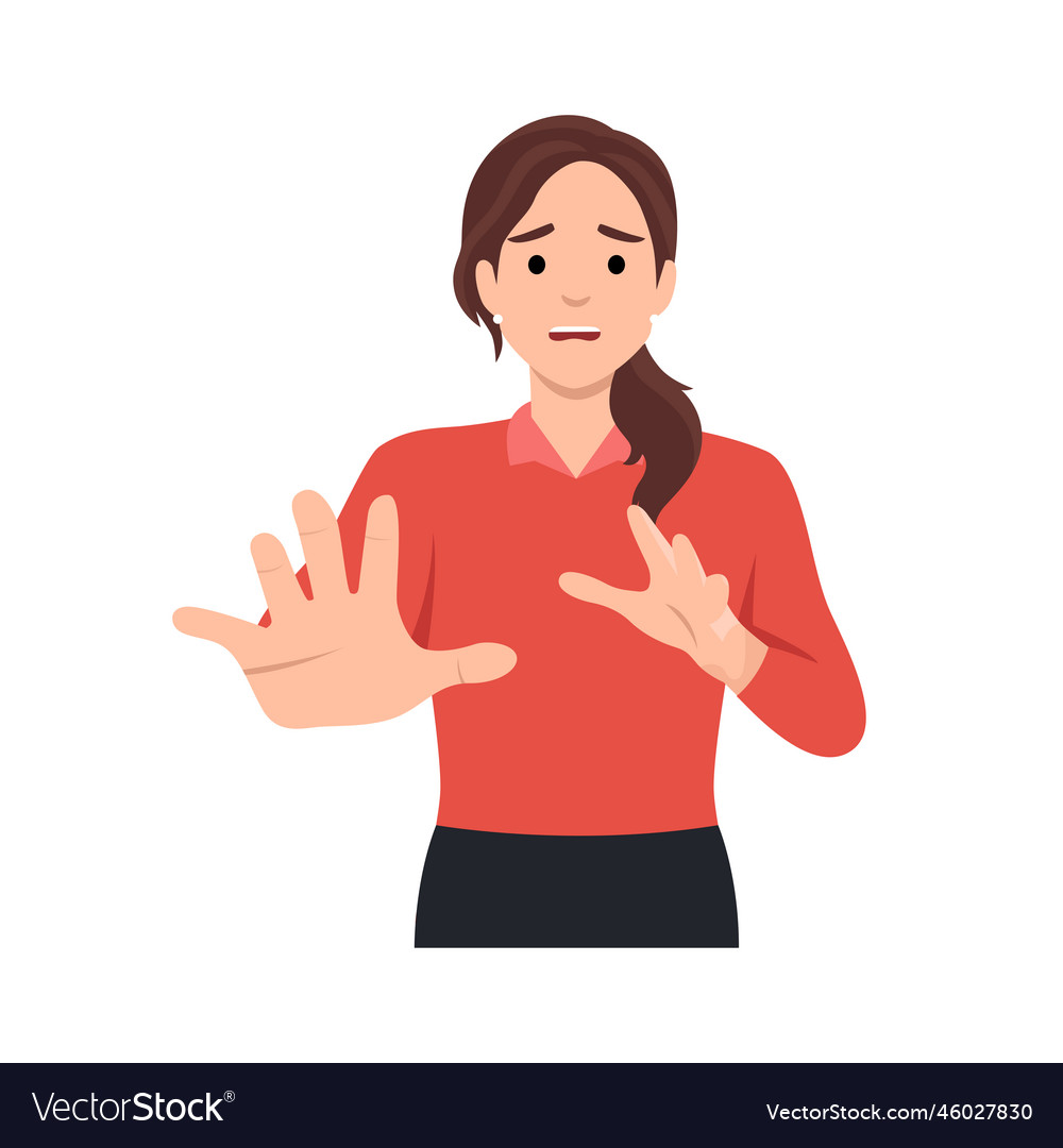 Scared young woman show no hand gesture Royalty Free Vector