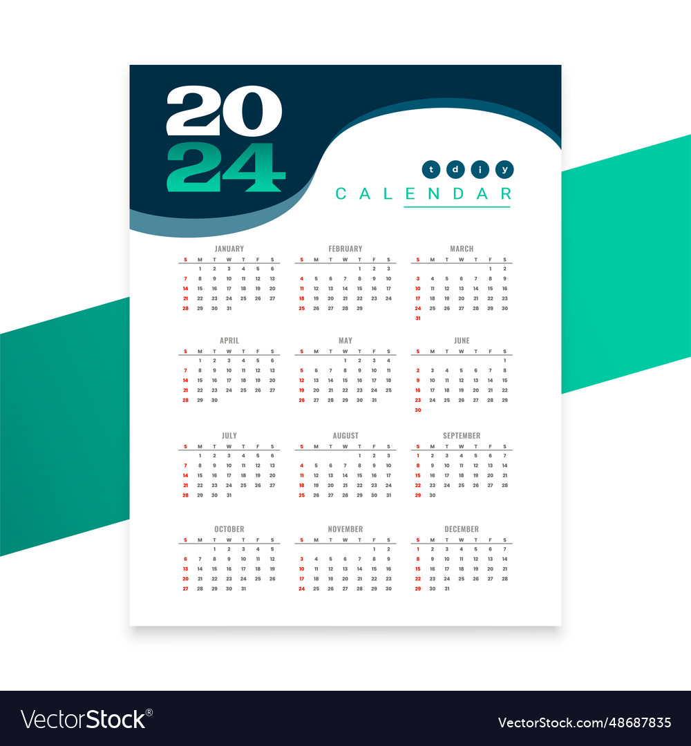 Curvy Style 2024 Annual English Calendar Layout Vector Image