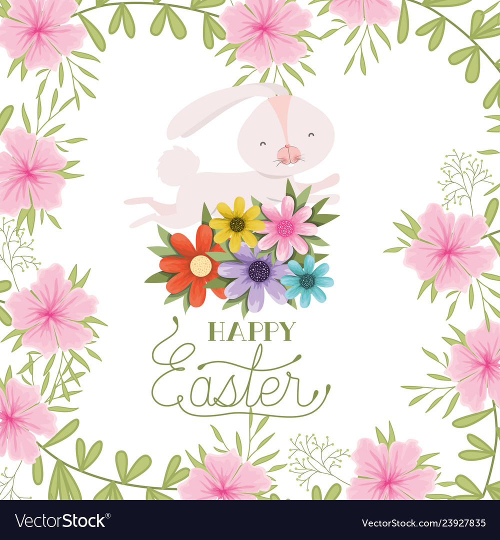 Happy easter label with flowers icon vector image Happy easter label with flowers icon