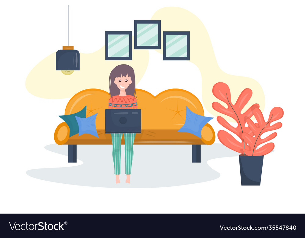 Freelance Mädchen mit Laptop auf Sofa Cartoon