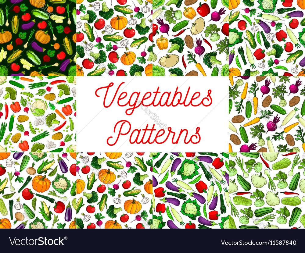 Vegetables Patterns Set Vegetarian Background Vector Image